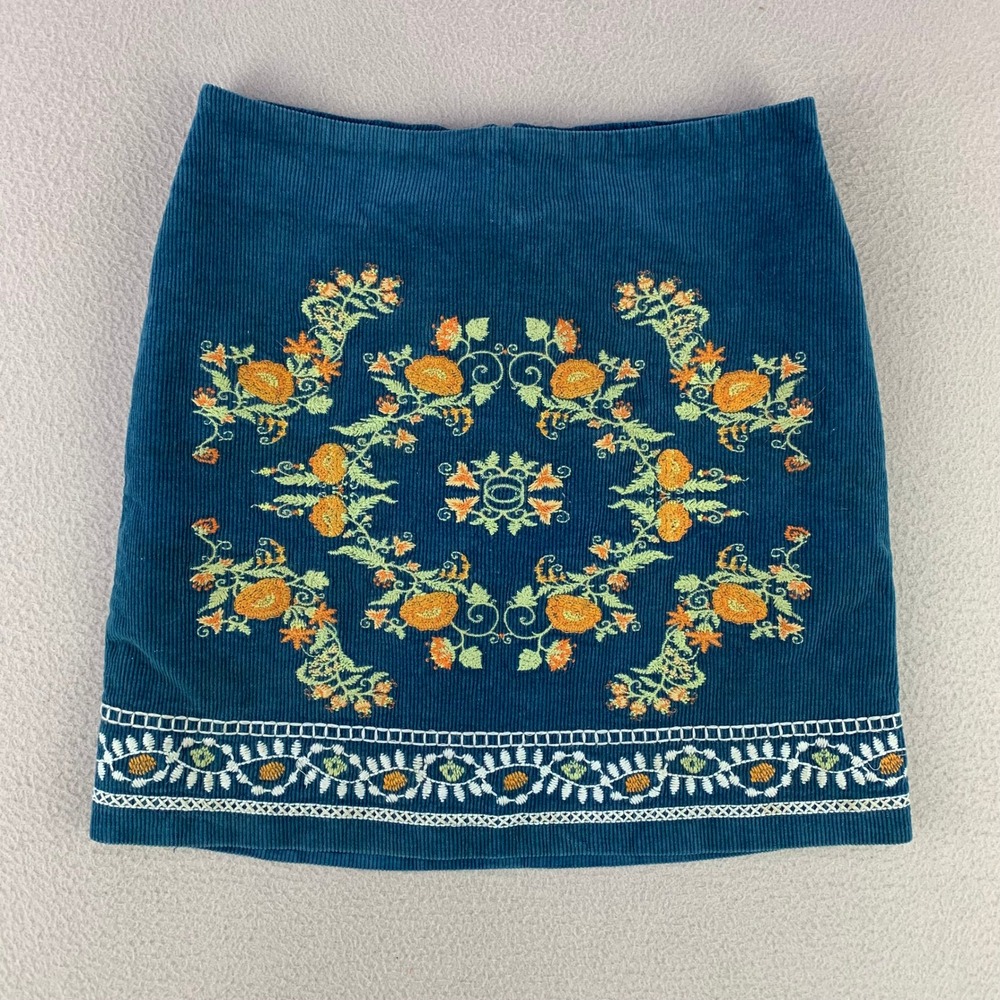 Simplee Corduroy Mini Skirt Womens M Blue Floral Embroidered Boho A-Line Western